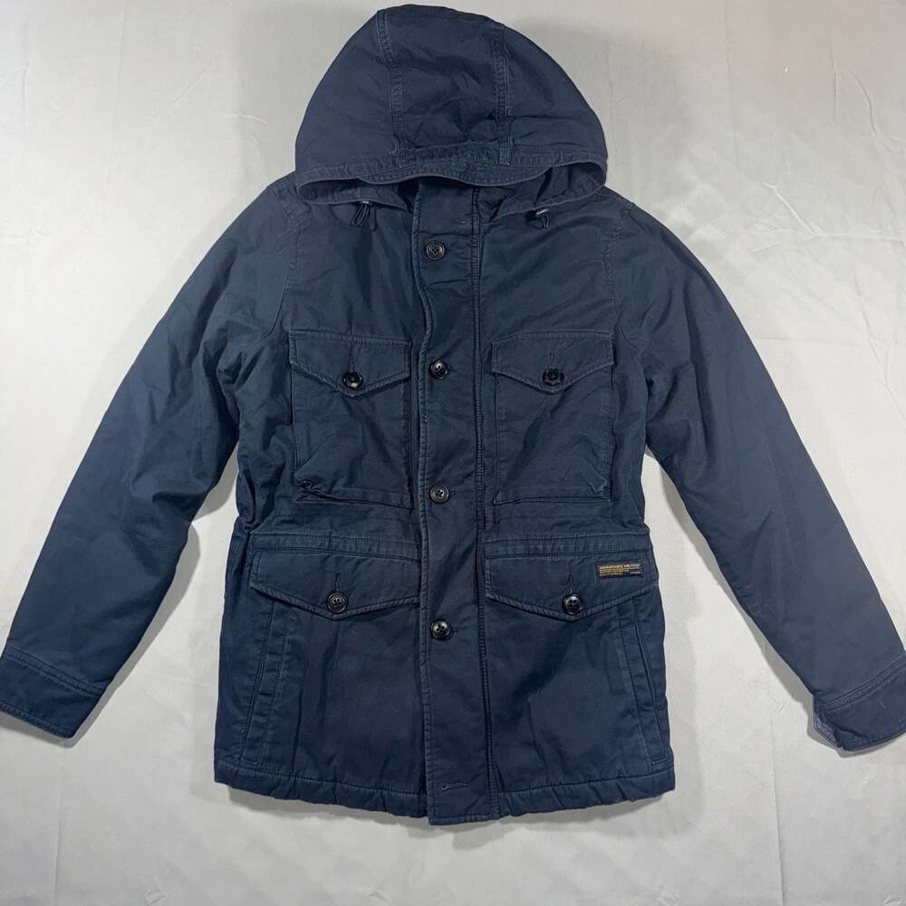Y2k Abercrombie & Fitch Men's S Navy Blue Quilted Lined Hooded Military Jacket